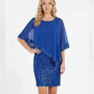 R&M Richards Knee-Length Glitter Sequin Lace Dress W/Sheer Asymmetric Poncho NWT